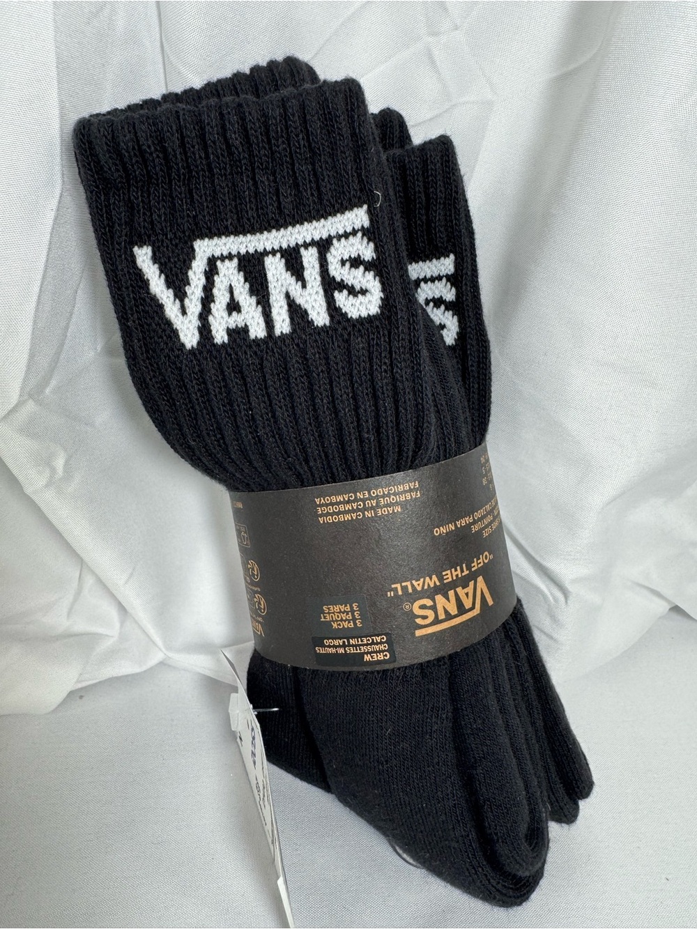 Vans Boy’s Black Crew Socks with White Logo shoe size 1-6